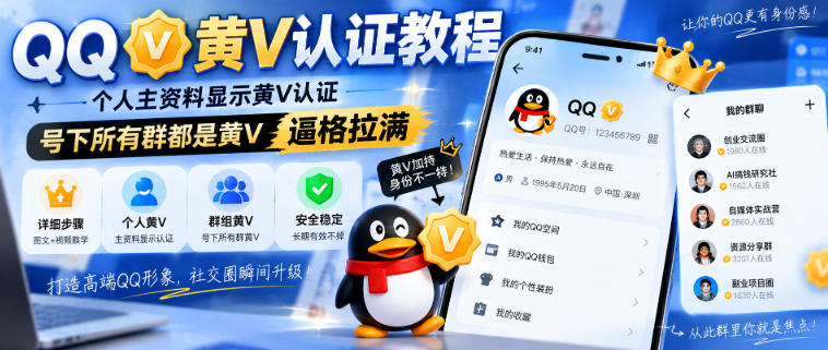 QQ黄V认证教程，个人主资料显示黄V认证，号下所有群都是黄V，逼格拉满-weichuangqy
