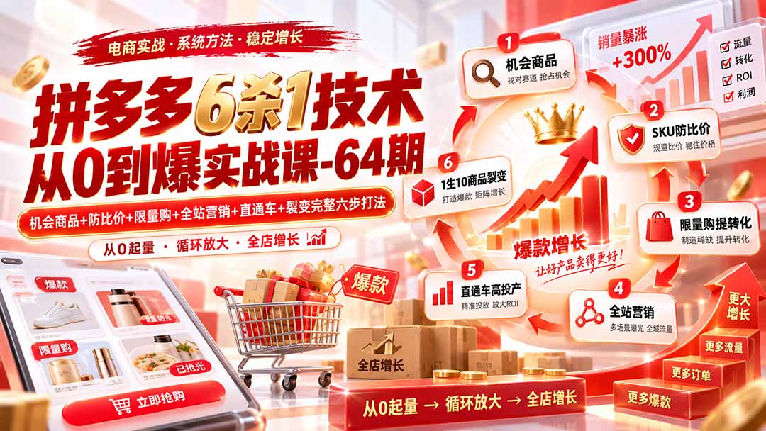 拼多多6杀1技术从0到爆实战课-64期：机会商品+防比价+限量购+全站营销+直通车+裂变完整六步打法-weichuangqy