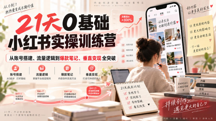 21天0基础小红书实操训练营｜从账号搭建、流量逻辑到爆款笔记、垂直变现全突破-weichuangqy