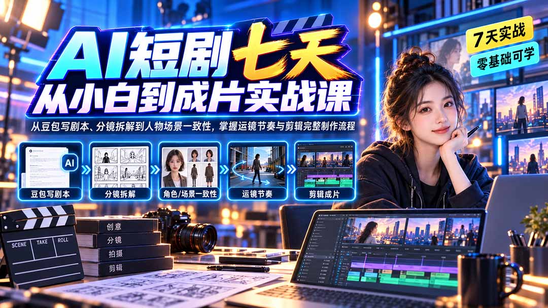 AI短剧七天从小白到成片实战课：从豆包写剧本、分镜拆解到人物场景一致性，掌握运镜节奏与剪辑完整制作流程-weichuangqy