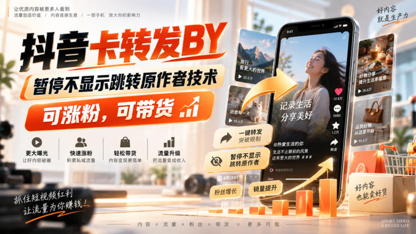 抖音卡转发搬运，暂停不显示跳转原作者技术，可涨粉，可带货-weichuangqy
