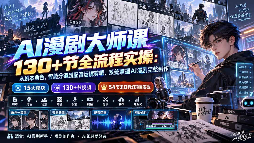 AI漫剧大师课130+节全流程实操：从剧本角色、智能分镜到配音运镜剪辑，系统掌握AI漫剧完整制作-weichuangqy