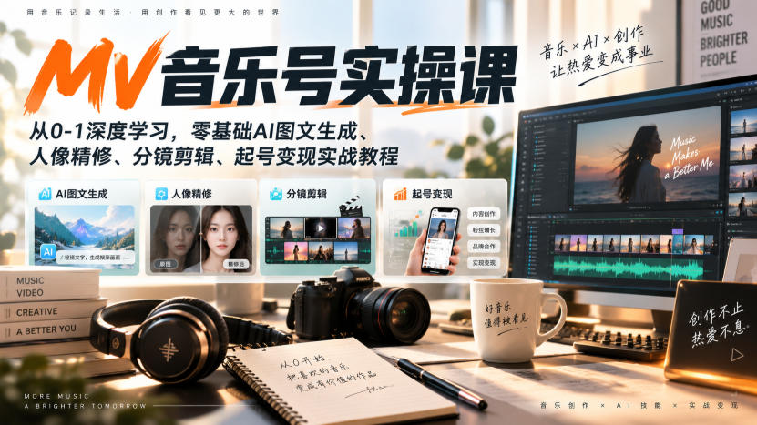 AI MV音乐号实操课，从0-1深度学习，零基础AI图文生成、人像精修、分镜剪辑、起号变现实战教程-weichuangqy