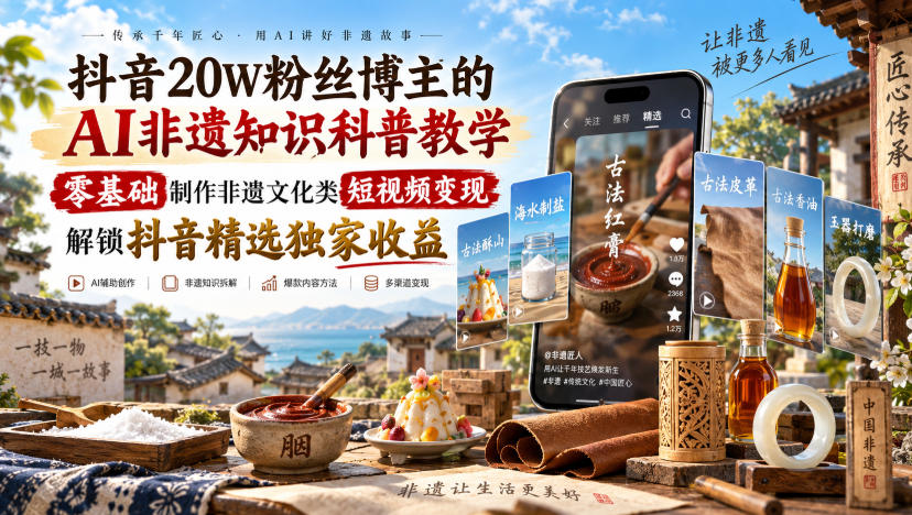 抖音20W粉丝博主的AI非遗知识科普教学，零基础制作非遗文化类短视频变现，解锁抖音精选独家收益-weichuangqy