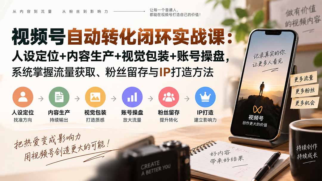 视频号自动转化闭环实战课：人设定位+内容生产+视觉包装+账号操盘，系统掌握流量获取、粉丝留存与IP打造方法-weichuangqy
