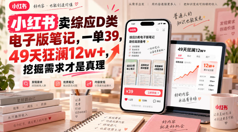 小红书卖综应D类电子版笔记，一单39，49天狂澜12w+，挖掘需求才是真理-weichuangqy