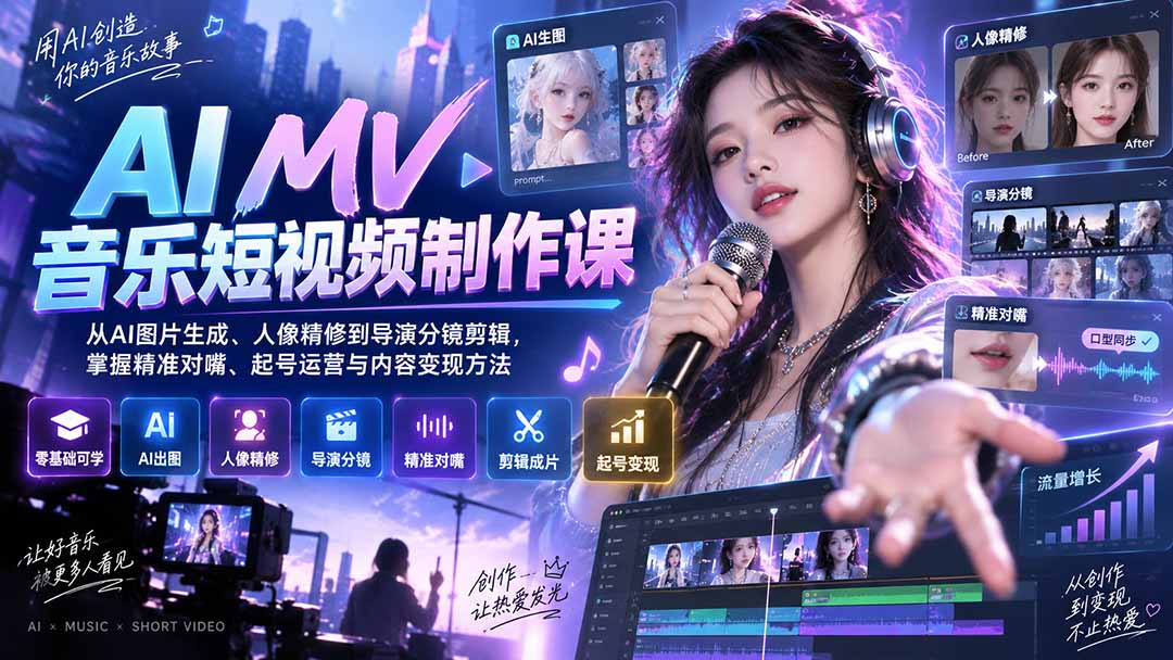 AI MV音乐短视频制作课：从AI图片生成、人像精修到导演分镜剪辑，掌握精准对嘴、起号运营与内容变现方法-weichuangqy