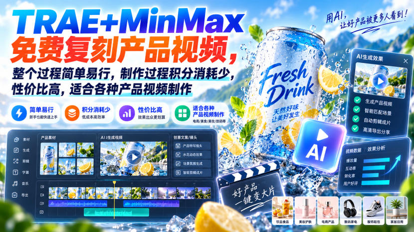 TRAE+MinMax免费复刻产品视频，整个过程简单易行，制作过程积分消耗少，性价比高，适合各种产品视频制作-weichuangqy