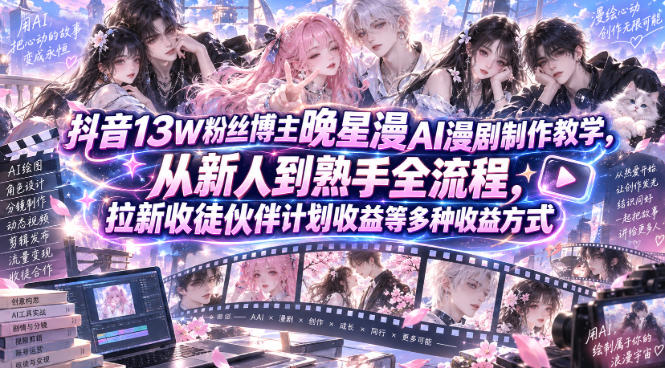 抖音13W粉丝博主晚星漫AI漫剧制作教学，从新人到熟手全流程，拉新收徒伙伴计划收益等多种收益方式，单日1K+-weichuangqy