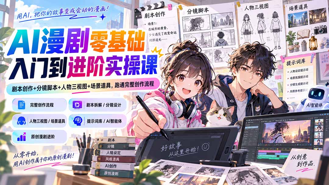 AI漫剧零基础入门到进阶实操课：剧本创作+分镜脚本+人物三视图+场景道具，跑通完整创作流程-weichuangqy