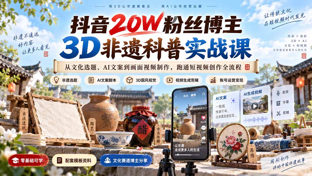 抖音20W粉丝博主3D非遗科普实战课：从文化选题、AI文案到画面视频制作，跑通短视频创作全流程-weichuangqy