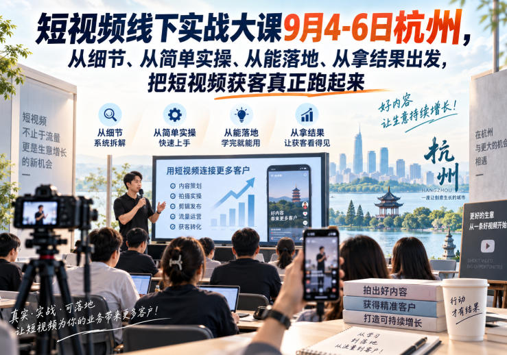 短视频线下实战大课9月4-6日杭州，从细节、从简单实操、从能落地、从拿结果出发，把短视频获客真正跑起来-weichuangqy