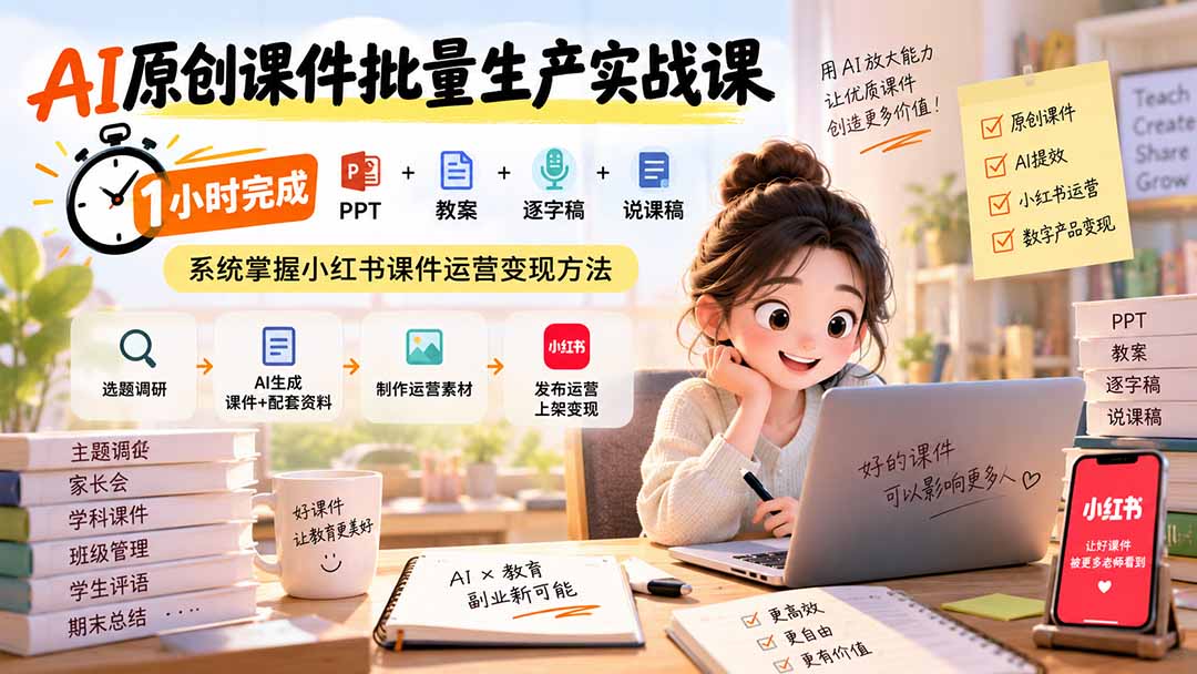 AI原创课件批量生产实战课：1小时完成PPT+教案+逐字稿+说课稿，系统掌握小红书课件运营变现方法-weichuangqy