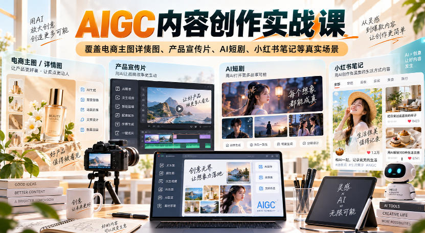 AIGC内容创作实战课，覆盖电商主图详情图、产品宣传片、AI短剧、小红书笔记等真实场景-weichuangqy