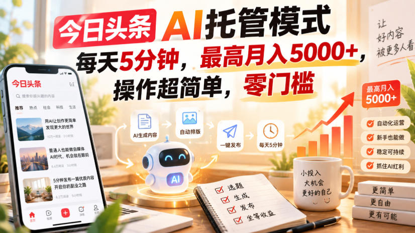 今日头条AI托管模式，每天5分钟，最高月入5000+，操作超简单，零门槛【揭秘】-weichuangqy