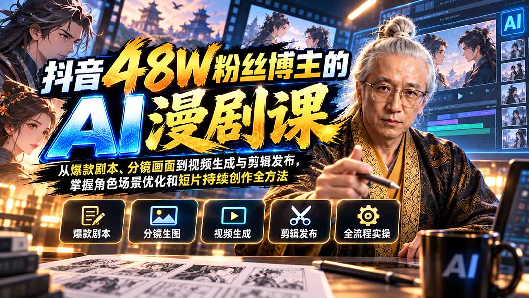 抖音48W粉丝博主的AI漫剧课：从爆款剧本、分镜画面到视频生成与剪辑发布，掌握角色场景优化和短片持续创作全方法-weichuangqy