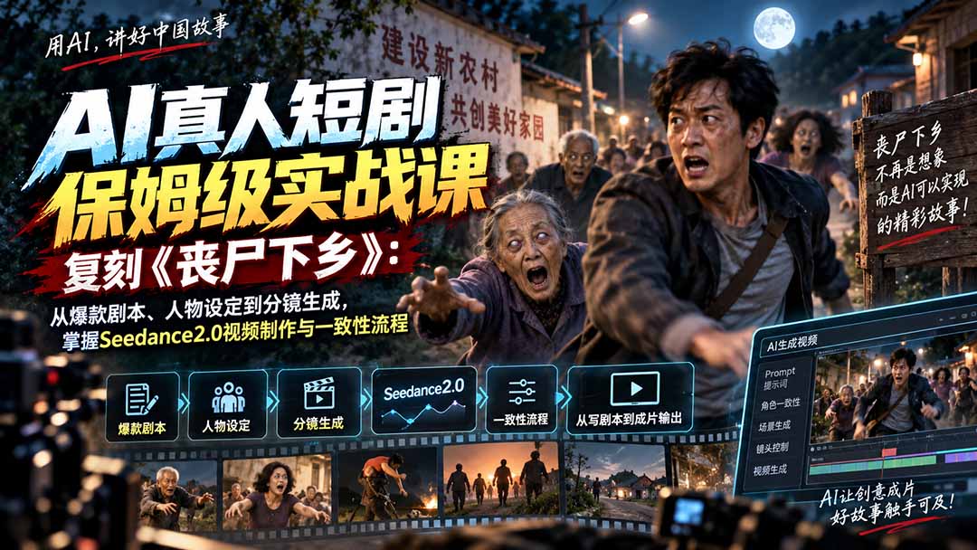 AI真人短剧保姆级实战课，复刻《丧尸下乡》：从爆款剧本、人物设定到分镜生成，掌握Seedance2.0视频制作与一致性流程-weichuangqy