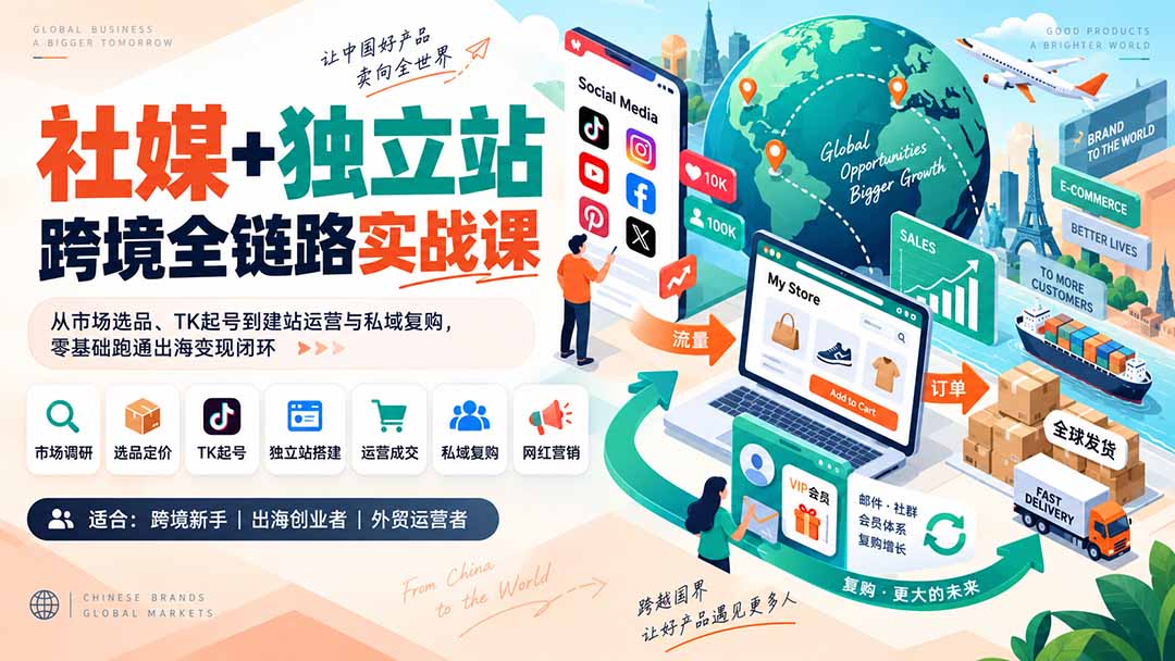 社媒+独立站跨境全链路实战课：从市场选品、TK起号到建站运营与私域复购，零基础跑通出海变现闭环-weichuangqy