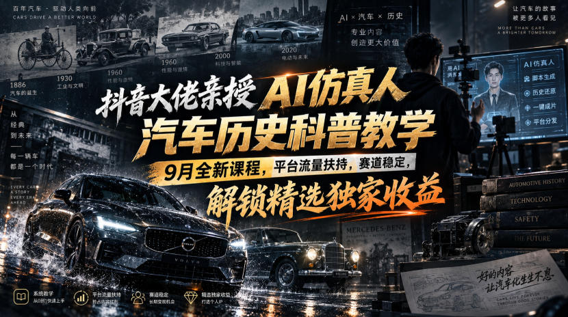 抖音大佬亲授AI仿真人汽车历史科普教学，9月全新课程，平台流量扶持，赛道稳定，解锁精选独家收益-weichuangqy