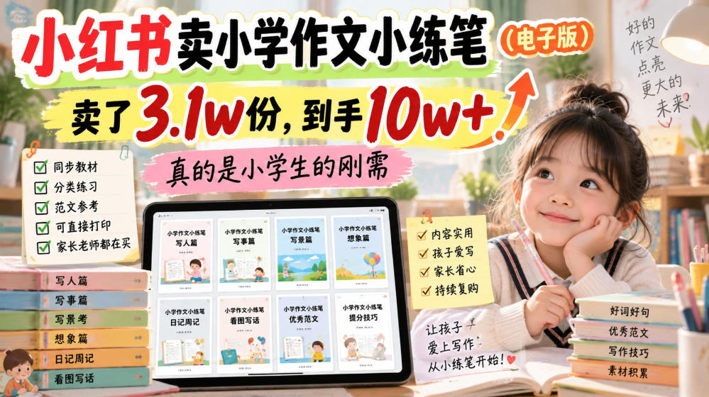 小红书卖小学作文小练笔(电子版)，卖了3.1w份，到手10w+，真的是小学生的刚需-weichuangqy