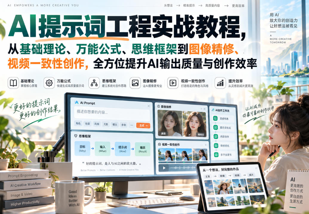 AI提示词工程实战教程，从基础理论、万能公式、思维框架到图像精修、视频一致性创作，全方位提升AI输出质量与创作效率-weichuangqy