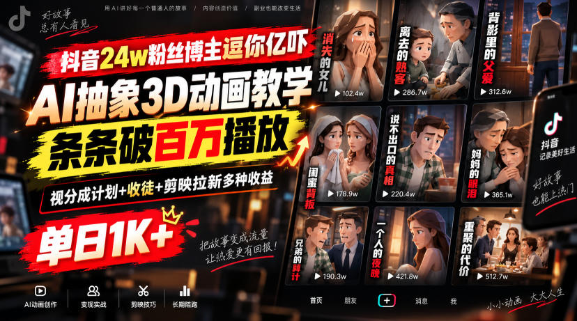 抖音24w粉丝博主逗你亿吓AI抽象3D动画教学，条条破百万播放，分成计划+收徒+剪映拉新多种收益，单日1K+-weichuangqy