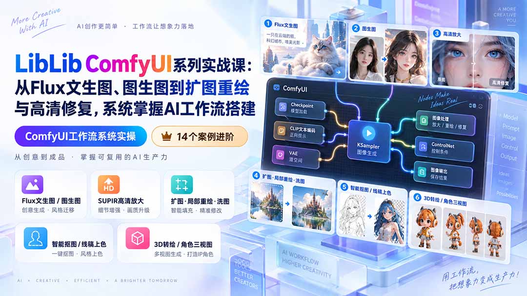 LibLib ComfyUI系列实战课：从Flux文生图、图生图到扩图重绘与高清修复，系统掌握AI工作流搭建-weichuangqy