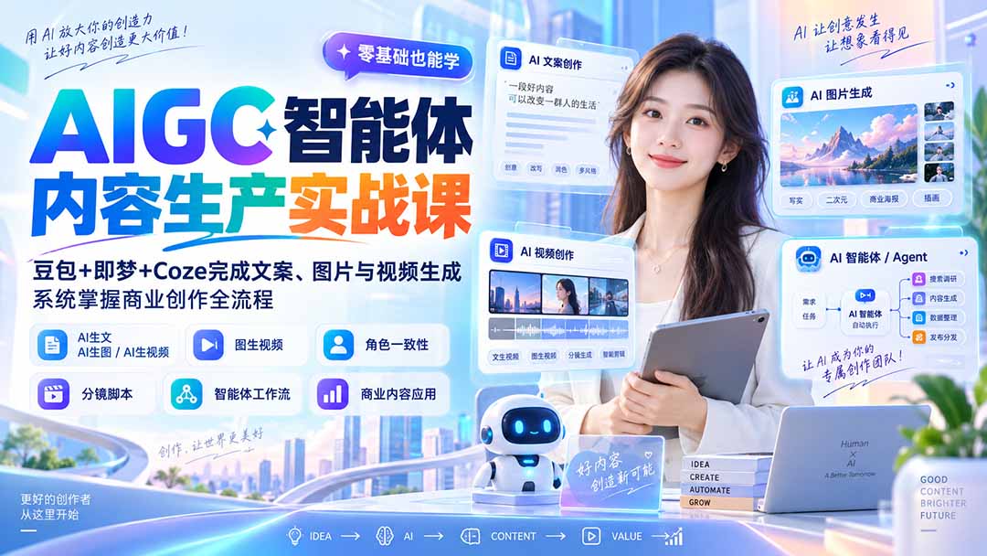 AIGC智能体内容生产实战课：豆包+即梦+Coze完成文案、图片与视频生成，系统掌握商业创作全流程-weichuangqy