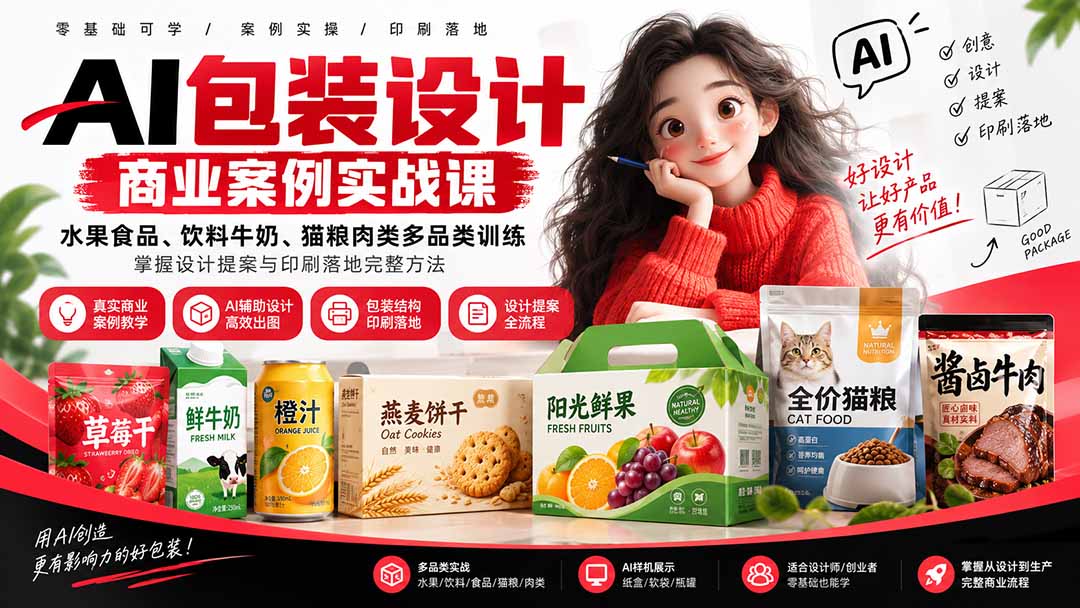 AI包装设计商业案例实战课：水果食品、饮料牛奶、猫粮肉类多品类训练，掌握设计提案与印刷落地完整方法-weichuangqy