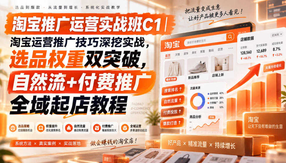 淘宝推广运营实战班C1｜淘宝运营推广技巧深挖实战，选品权重双突破，自然流+付费推广全域起店教程-weichuangqy