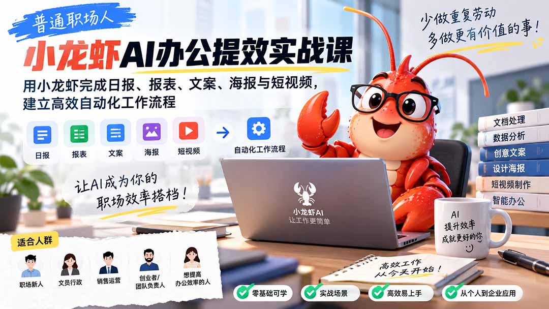 普通职场人AI办公提效实战课：用小龙虾完成日报、报表、文案、海报与短视频，建立高效自动化工作流程-weichuangqy