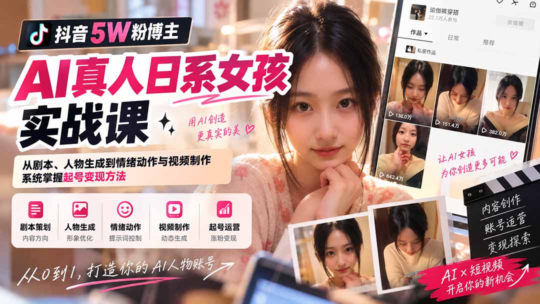 抖音5W粉博主AI真人日系女孩实战课：从剧本、人物生成到情绪动作与视频制作，系统掌握起号变现方法-weichuangqy