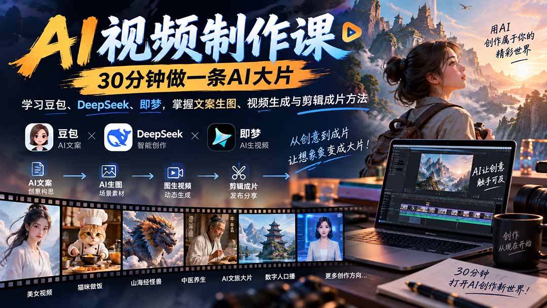 AI视频制作课-30分钟做一条AI大片：学习豆包、DeepSeek、即梦，掌握文案生图、视频生成与剪辑成片方法-weichuangqy