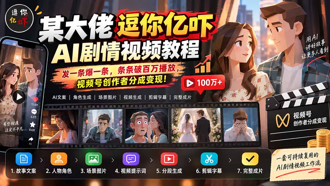 某大佬逗你亿吓AI低模剧情视频制作教程：发一条爆一条，条条破百万播放，利用视频号创作者分成变现!-weichuangqy