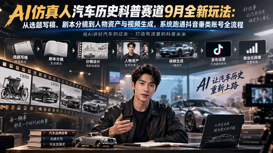 AI仿真人汽车历史科普赛道9月全新玩法：从选题写稿、剧本分镜到人物资产与视频生成，系统跑通抖音垂类账号全流程-weichuangqy