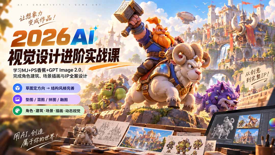 2026AI视觉设计进阶实战课-更新：学习MJ+PS香蕉+GPT Image 2.0，完成角色建筑、场景插画与IP全案设计-weichuangqy