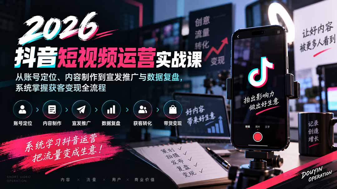 2026抖音短视频运营实战课：从账号定位、内容制作到宣发推广与数据复盘，系统掌握获客变现全流程-weichuangqy