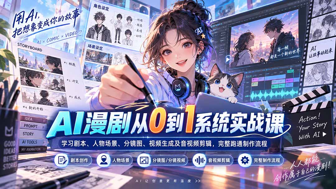 AI漫剧从0到1系统实战课：学习剧本、人物场景、分镜图、视频生成及音视频剪辑，完整跑通制作流程-weichuangqy