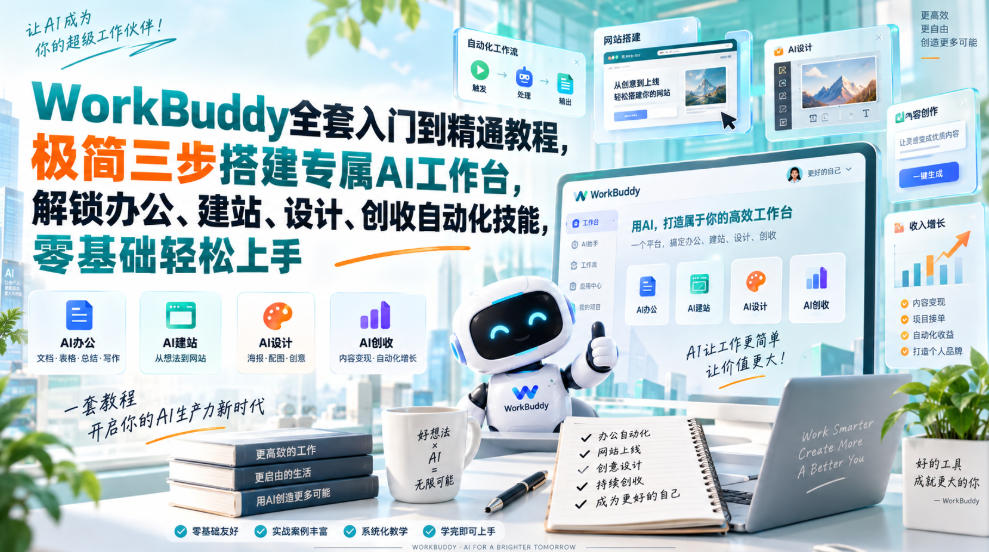 WorkBuddy全套入门到精通教程，极简三步搭建专属AI工作台，解锁办公、建站、设计、创收自动化技能，零基础轻松上手-weichuangqy