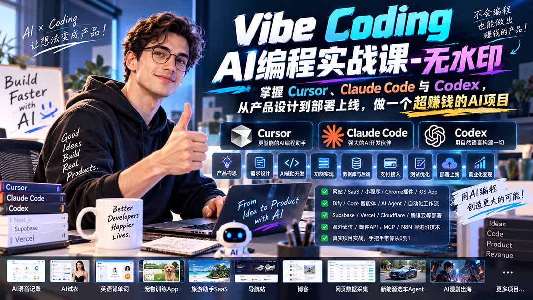 Vibe Coding AI编程实战课-无水印：掌握Cursor、Claude Code与Codex，从产品设计到部署上线，做一个超赚钱的AI项目-weichuangqy