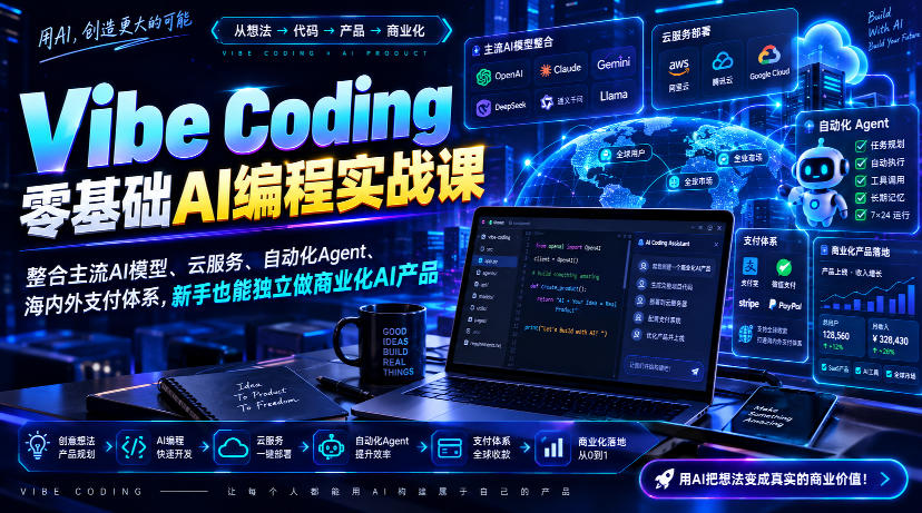 Vibe Coding零基础AI编程实战课-无水印，整合主流AI模型、云服务、自动化Agent、海内外支付体系，新手也能独立做商业化AI产品-weichuangqy