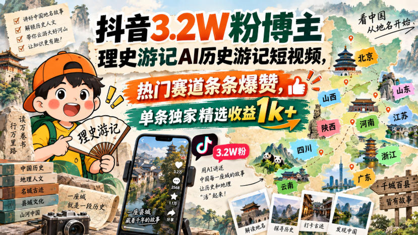抖音3.2W粉博主理史游记AI历史游记短视频教学，热门赛道条条爆赞，单条独家精选收益1k+-weichuangqy