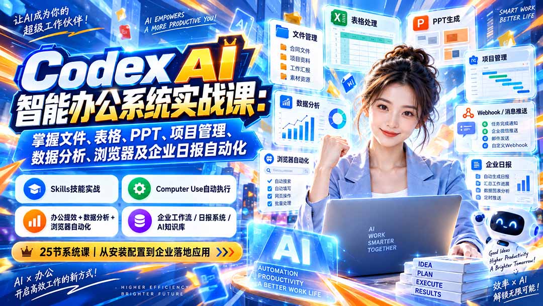 Codex AI智能办公系统实战课：掌握文件、表格、PPT、项目管理、数据分析、浏览器及企业日报自动化-weichuangqy