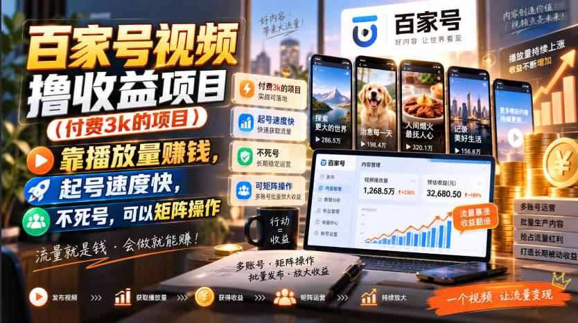 百家号视频撸收益项目(付费3k的项目)，靠播放量賺钱，起号速度快，不死号，可以矩阵操作-weichuangqy