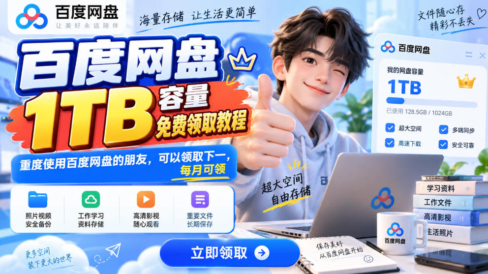 百度网盘1TB容量免费领取教程，重度使用百度网盘的朋友，可以领取下一，每月可领-weichuangqy