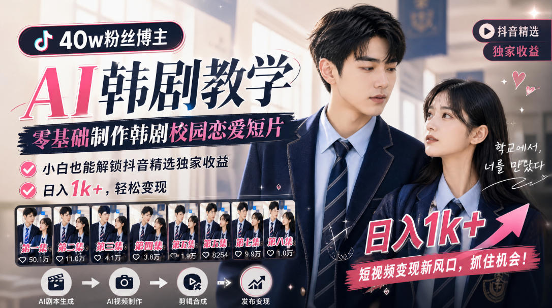 抖音40w粉丝博主AI韩剧教学，零基础制作韩剧校园恋爱短片，小白也能解锁抖音精选独家收益，日入1k+-weichuangqy