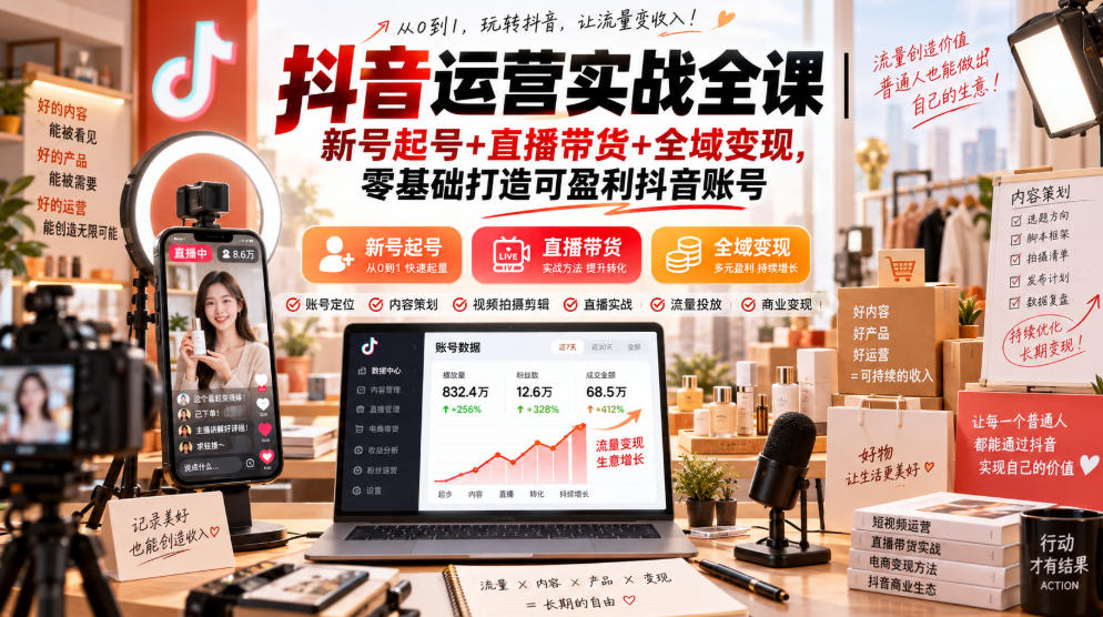 抖音运营实战全课｜新号起号+直播带货+全域变现，零基础打造可盈利抖音账号-weichuangqy