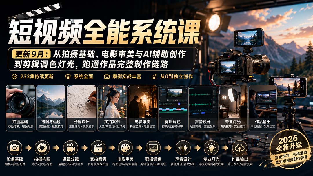 短视频全能系统课-9月完整版：从拍摄基础、电影审美与AI辅助创作到剪辑调色灯光，跑通作品完整制作链路-weichuangqy