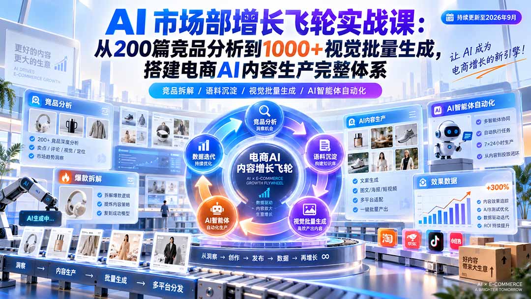 AI 市场部增长飞轮实战课：从200篇竞品分析到1000+视觉批量生成，搭建电商AI内容生产完整体系-weichuangqy