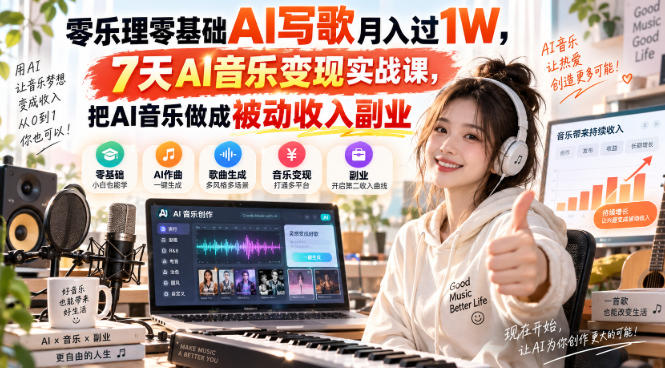 零乐理零基础AI写歌月入过1W，7天AI音乐变现实战课，把AI音乐做成被动收入副业-weichuangqy
